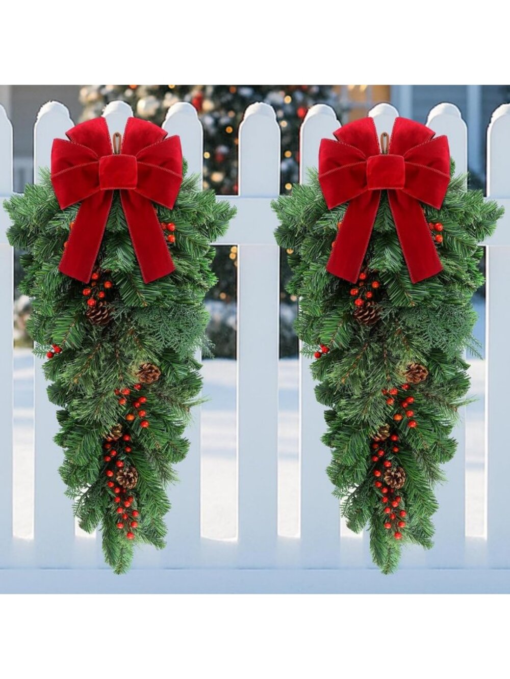 Set of 2 Large 36" Christmas Teardrop Swags - Artificial Pine & Classic Berries